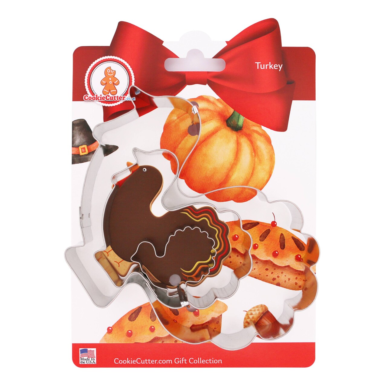 CookieCutter.com Thanksgiving Turkey Cookie Cutter Set 3 Piece, Hang Tag Cookie Recipe Card, Large, Medium, Small, Tin Plate Steel, USA